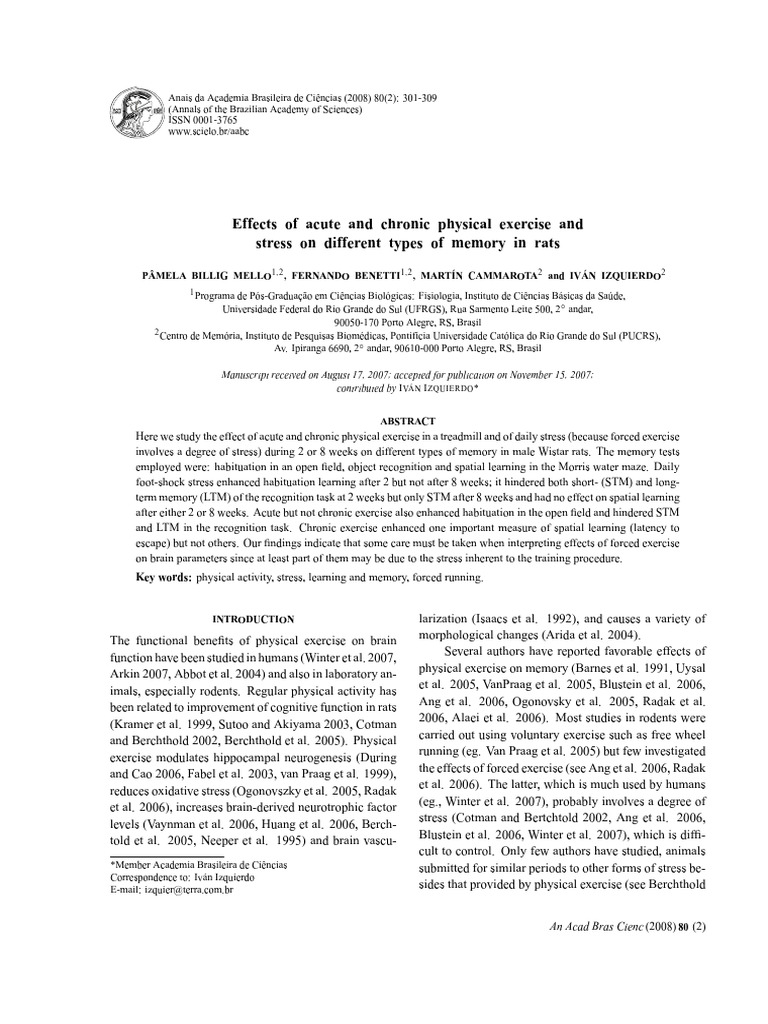 Exercise and Stress Effects on Rat Memory | PDF | Neuroscience ...
