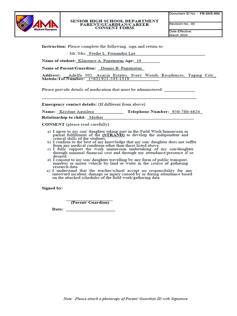 Senior High School Consent Form | PDF