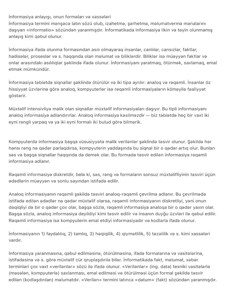 İnformasiya Anlayışı, Onun Formaları VƏ Xassələri | PDF