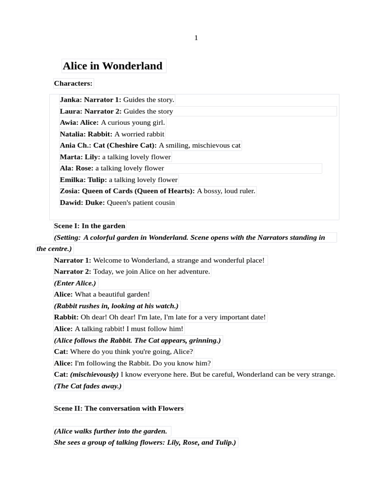 Alice's Wonderland Adventure Script | PDF | Alice (Alice's Adventures ...