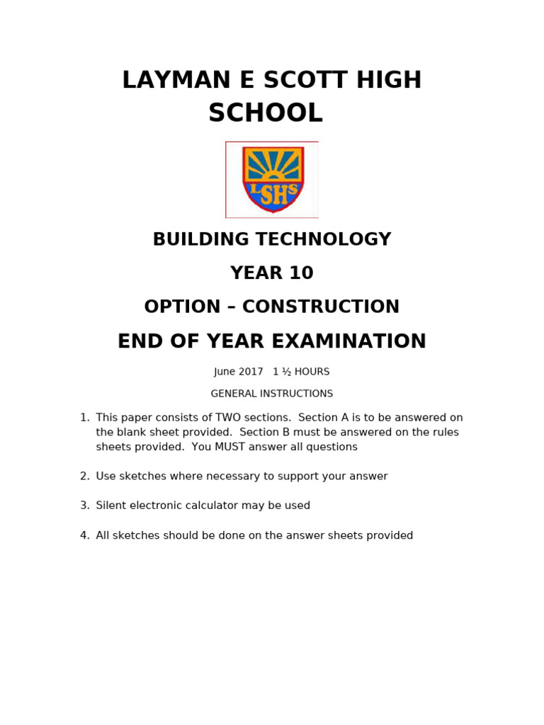 Year 10 Building Technology Exam 2017 | PDF | Foundation (Engineering ...