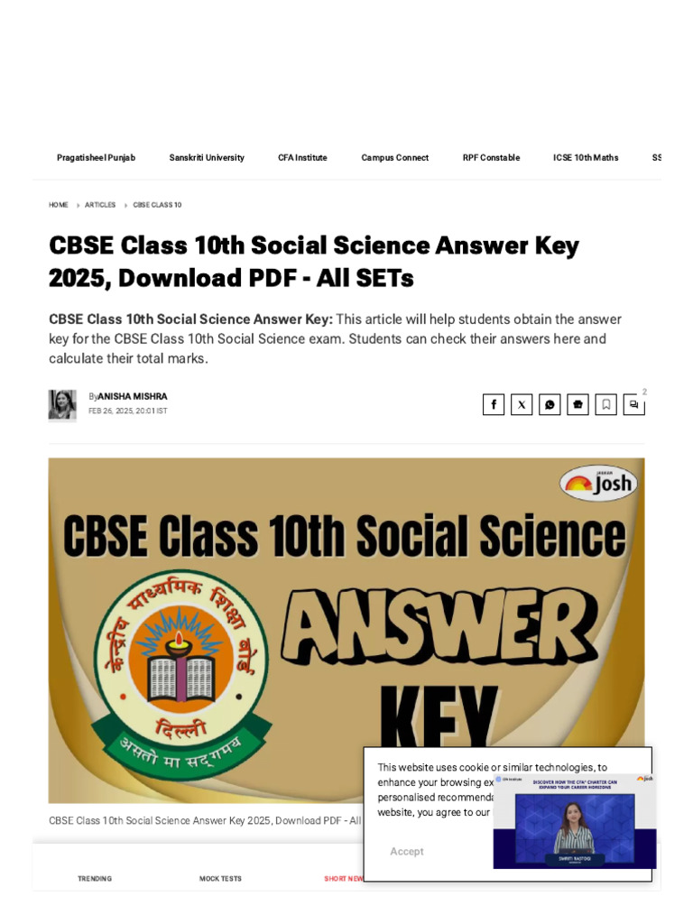 CBSE Class 10th Social Science Answer Key 2025, Download PDF - SET A, B ...