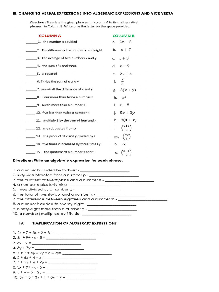 Algebraic Expressions Practice | PDF