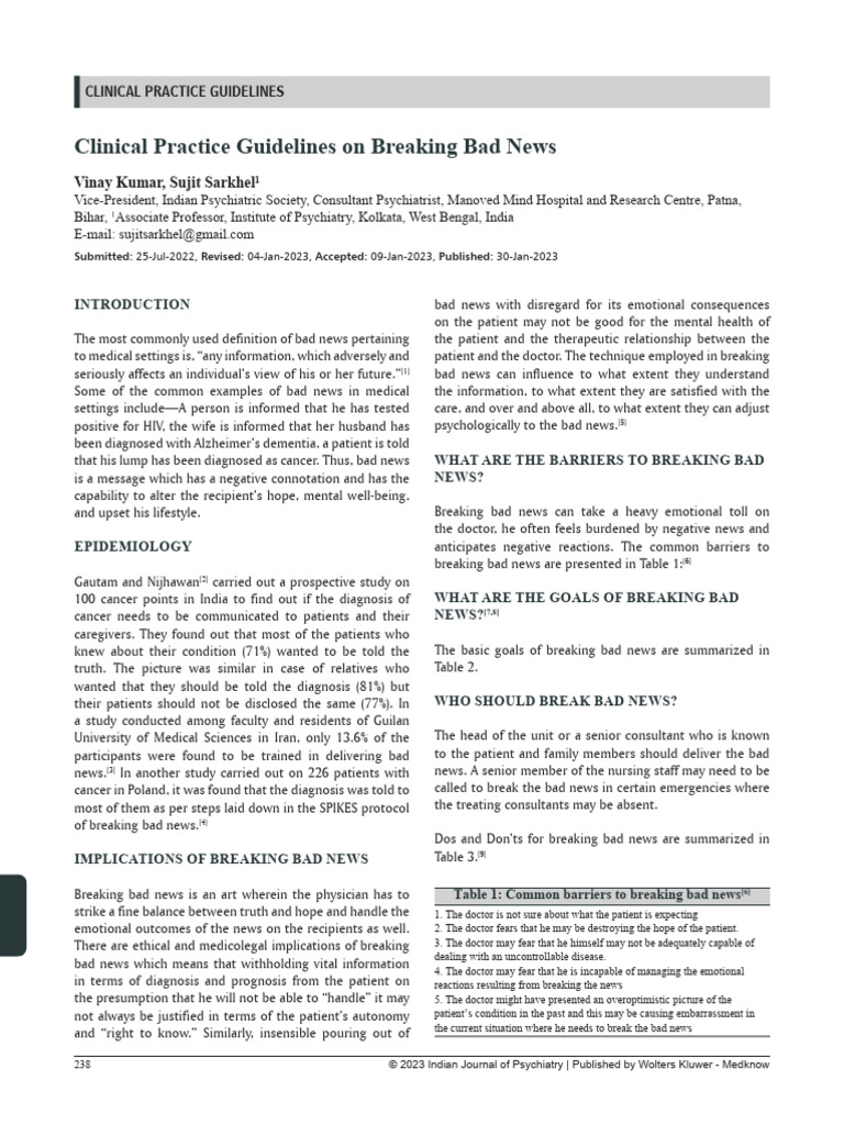 Guidelines for Breaking Bad News | PDF | Mental Disorder | Psychiatry