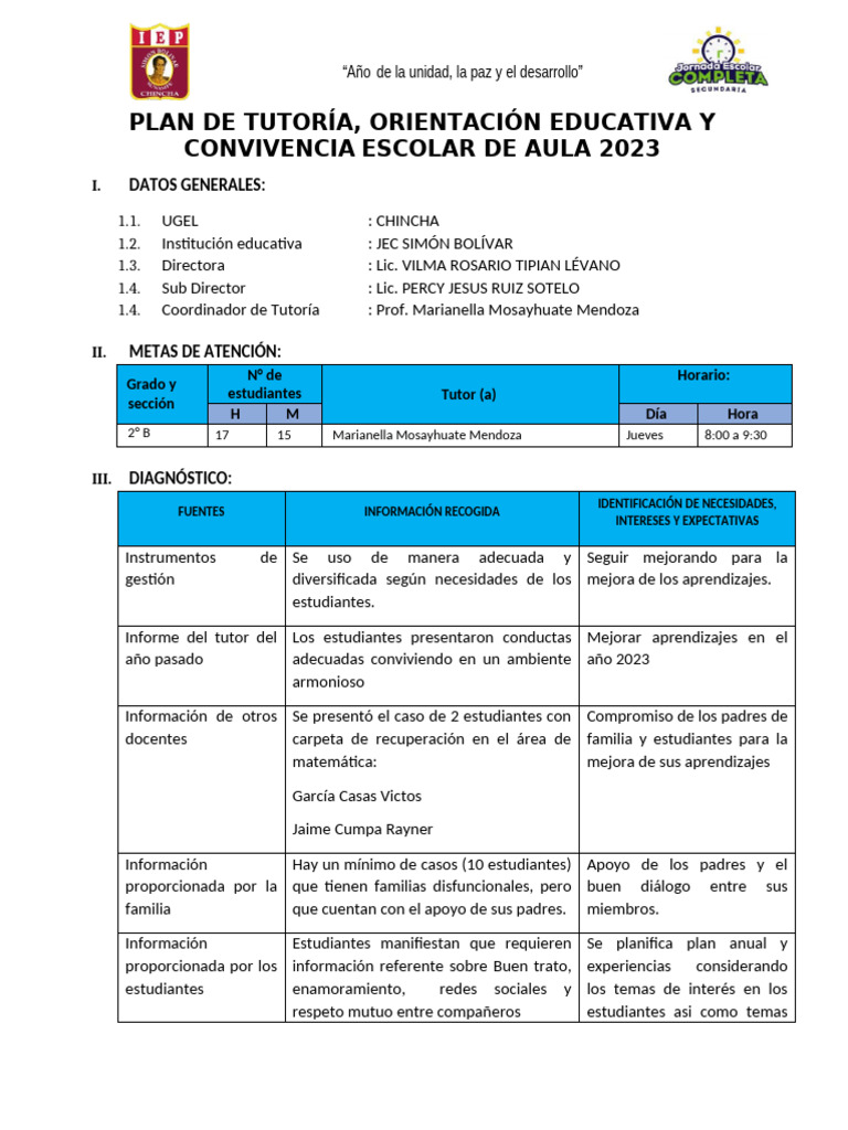 Plan de Tutoría de Aula 2023 Marianella | PDF | Enseñando | Salón de clases