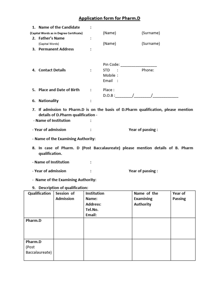 ApplicationForRegistration Pharmd | PDF