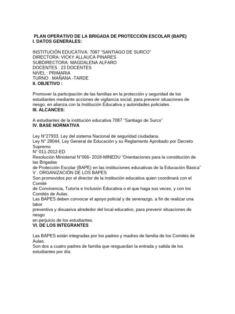 Plan Operativo de La Brigada de Protección Escolar | PDF | Policía