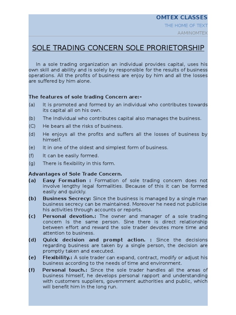 Sole Trading Concern Sole Prorietorship PDF Sole Proprietorship