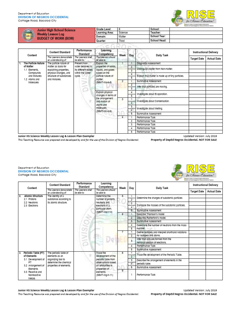 WLL Grade 8 Science Quarter 3 | PDF | Matter | Chemical Elements