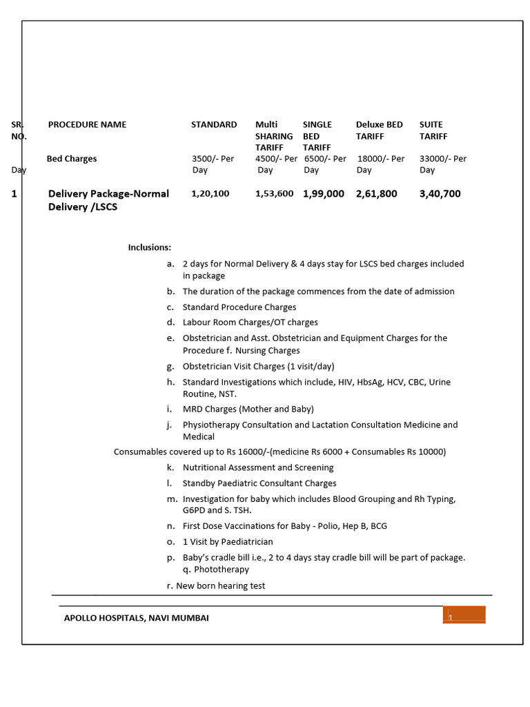 Apollo Hospital Delivery Package Costs | PDF | Childbirth | Obstetrics