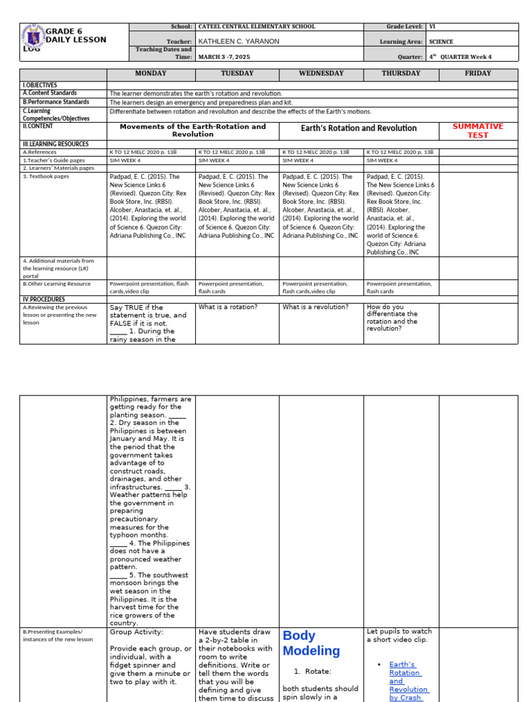 Grade 6 Science Lesson: Earth Motion | PDF | Rotation | Apsis