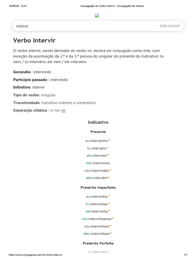 Conjugação do Verbo Intervir em Português | PDF | Linguística ...