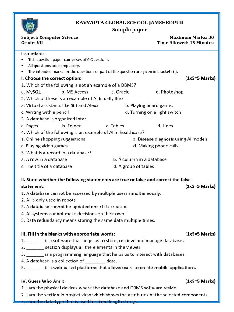 Computer Science Sample Paper for Grade VII | PDF | Databases ...