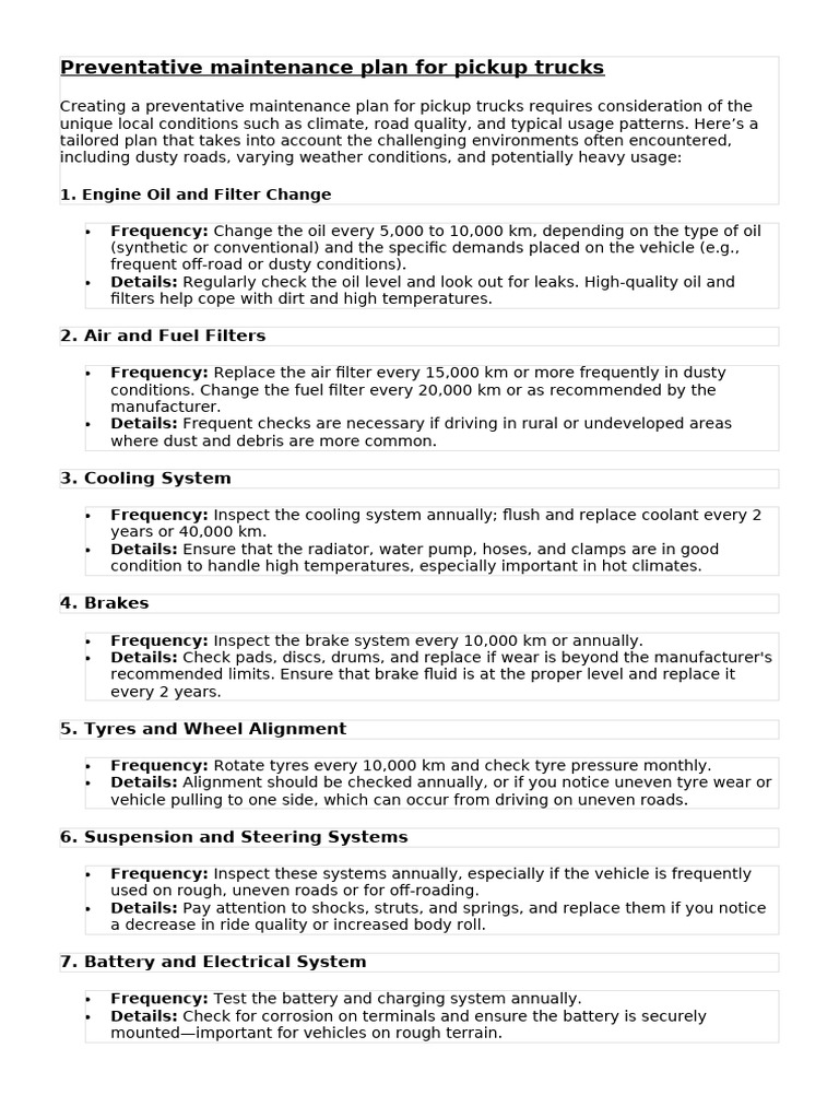 Pickup Truck Preventative Maintenance Plan | PDF | Vehicles | Vehicle ...