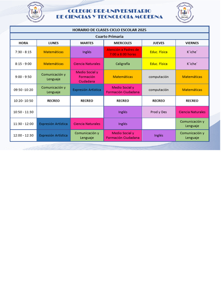 Horario Clases Cuarto Primaria 2025 | PDF