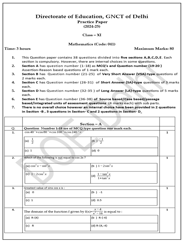 Class XI Mathematics Practice Paper 2024-25 | PDF | Mathematics