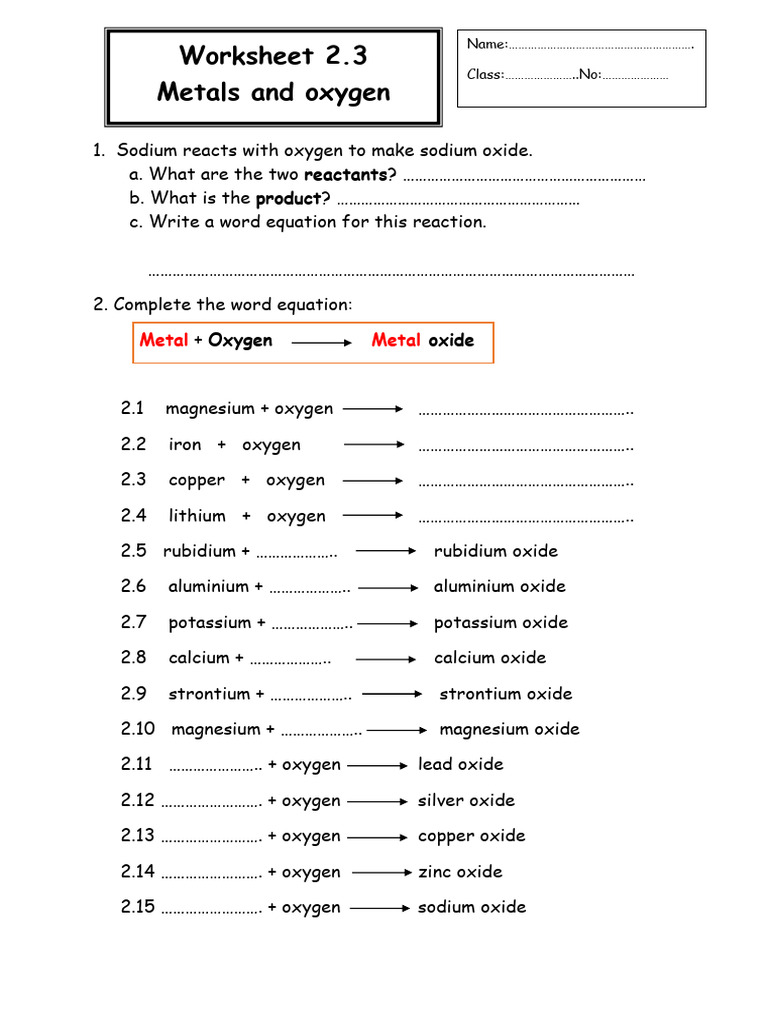 Metals Reacting with Oxygen Worksheet | PDF