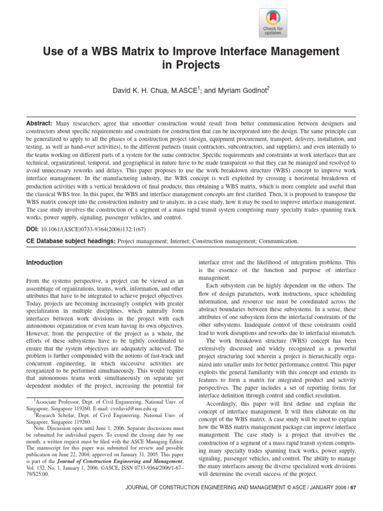 Godinot Chua 2006 Use of A Wbs Matrix To Improve Interface Management ...