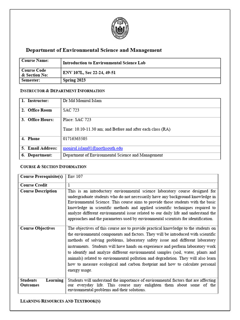 Intro to Environmental Science Lab Syllabus | PDF | Environmental ...