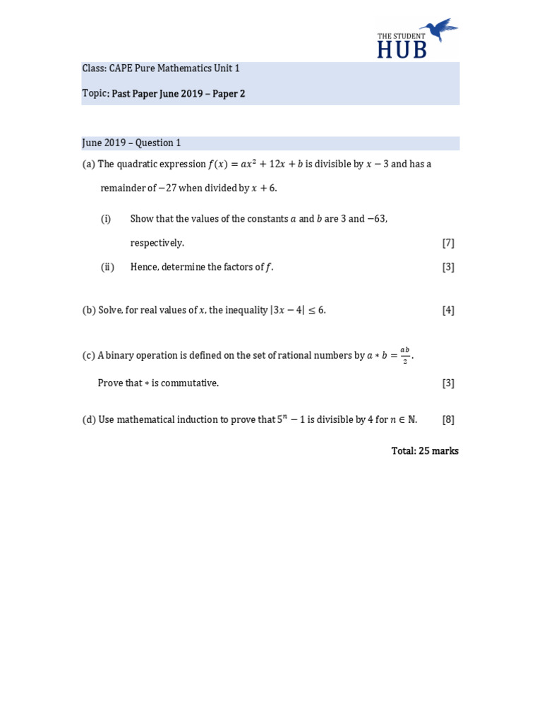 CAPE Pure Math June 2019 Past Paper | PDF | Equations | Quadratic Equation