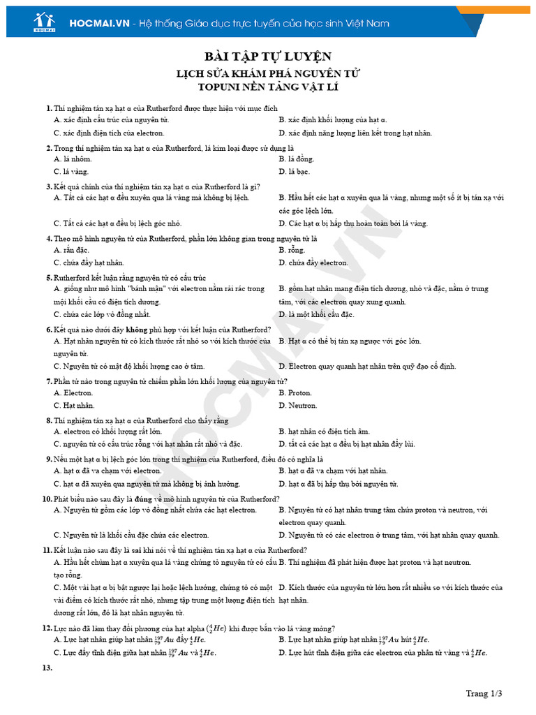 Kiểm tra môn TopUni Nền tảng Vật lí - HOCMAI | PDF