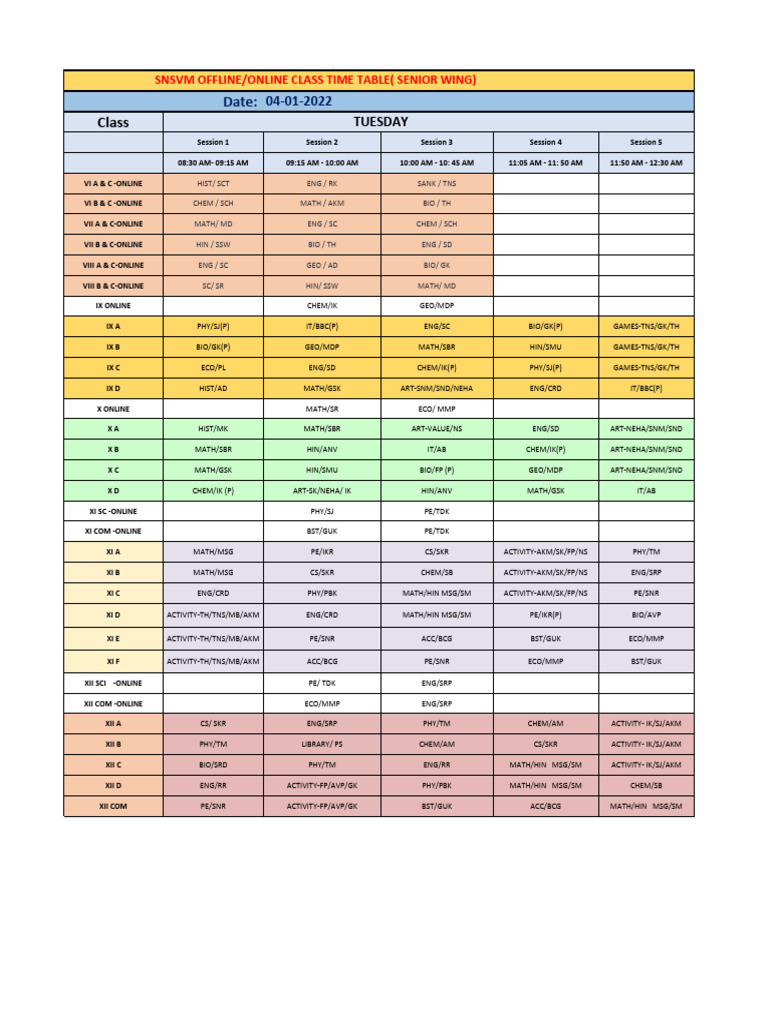 Senior Wing Online & Offline Timetable | PDF