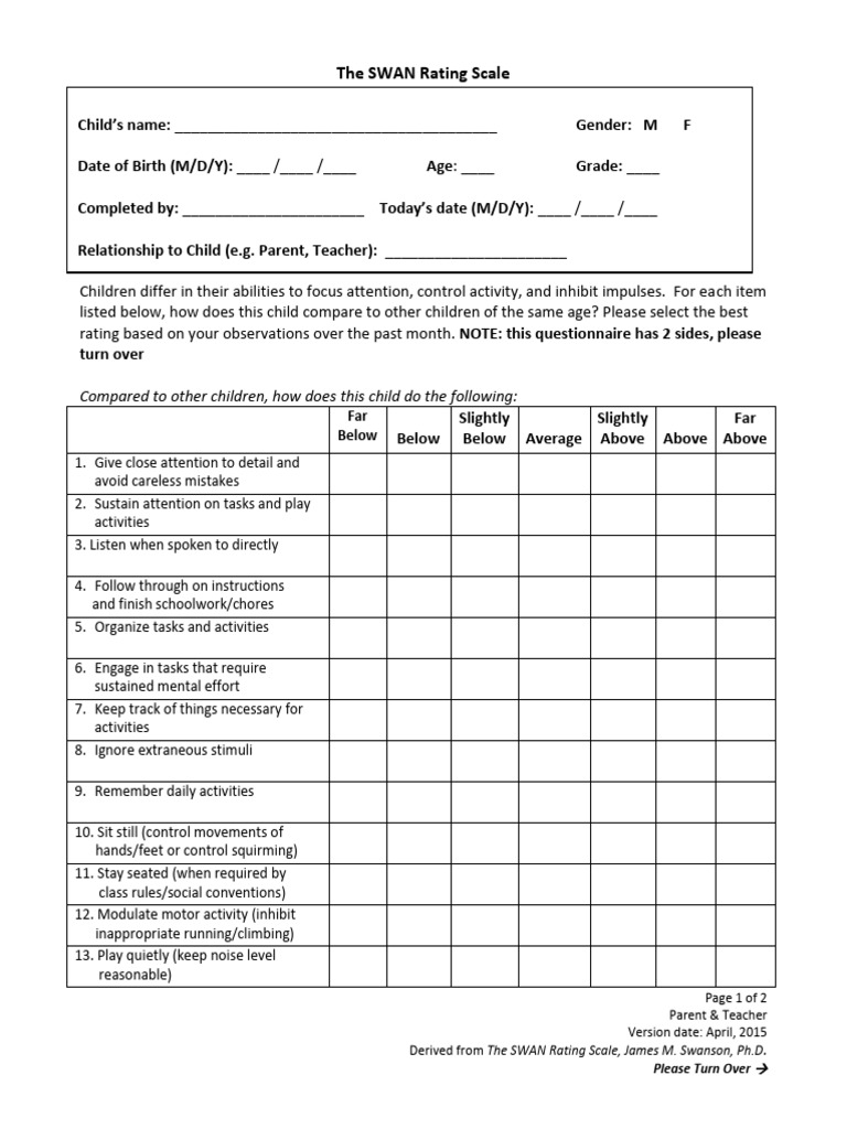 SWAN Rating Scale for Child Behavior | PDF | Attention | Human Development