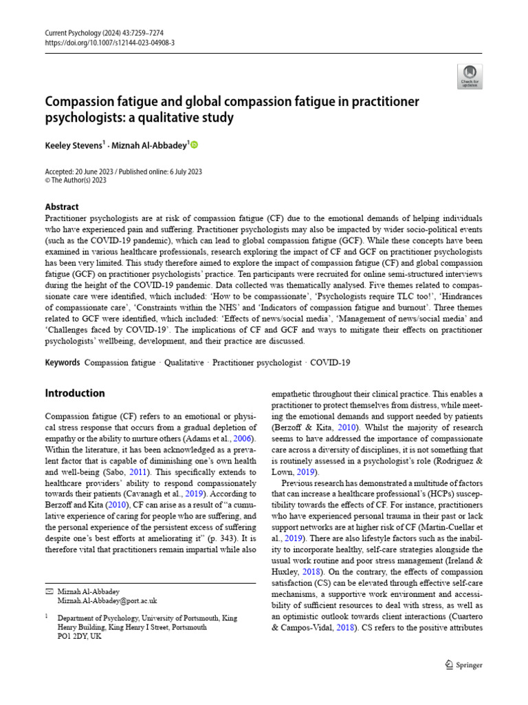 Compassion Fatigue in Psychologists | PDF | Compassion | Occupational ...