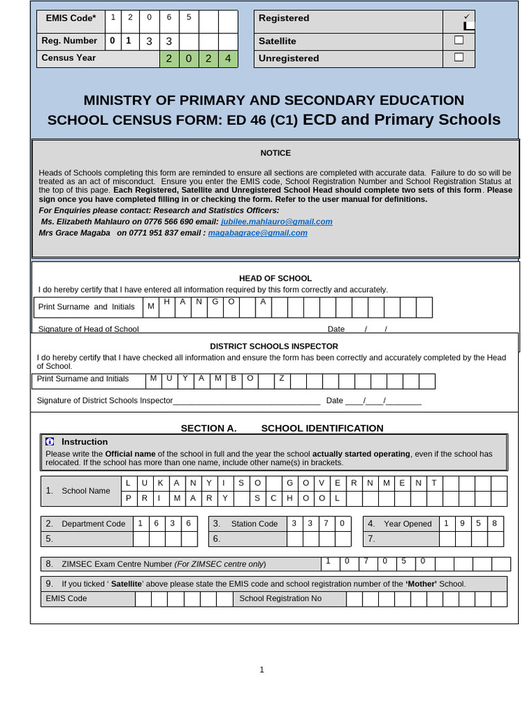 School Census Form ED 46 (C1) 2024 | PDF | Teachers