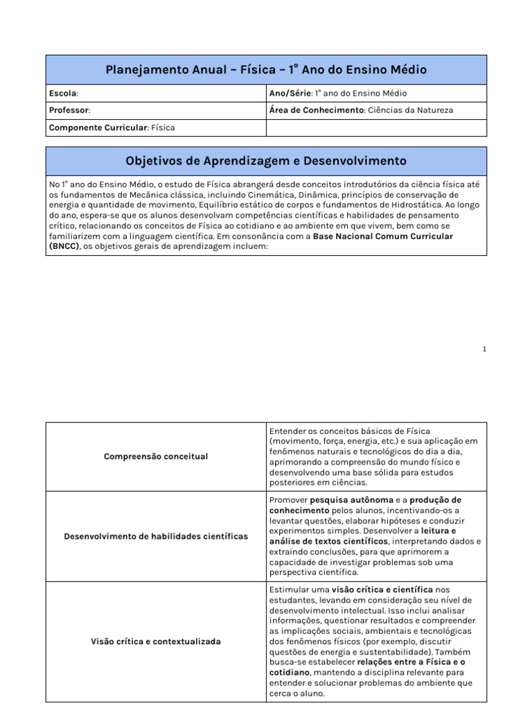 Planejamento de Física - 1° Ano EM | PDF | Colisão | Física