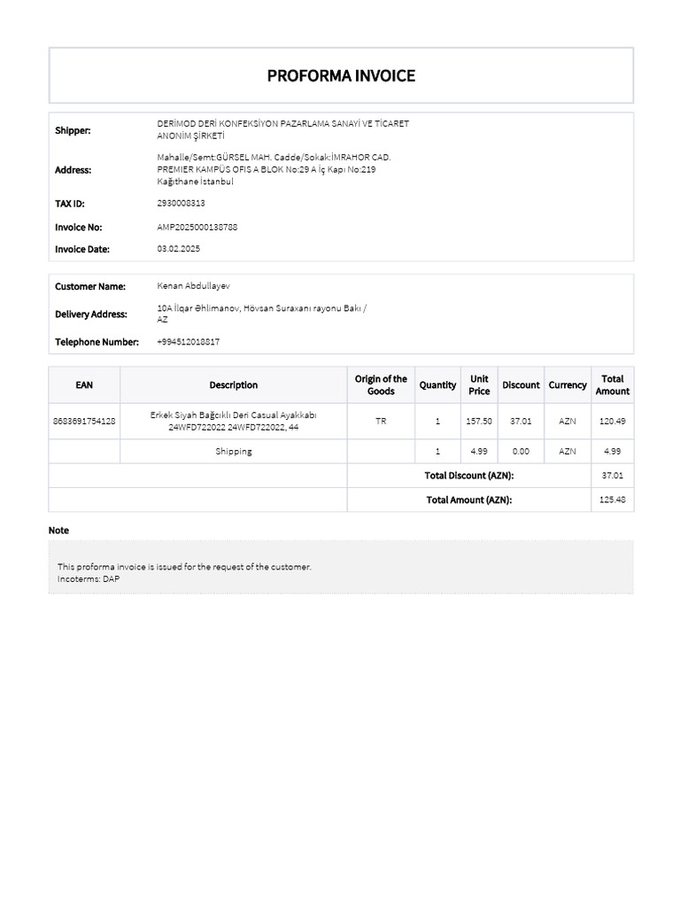 Derimod Proforma Invoice Details | PDF
