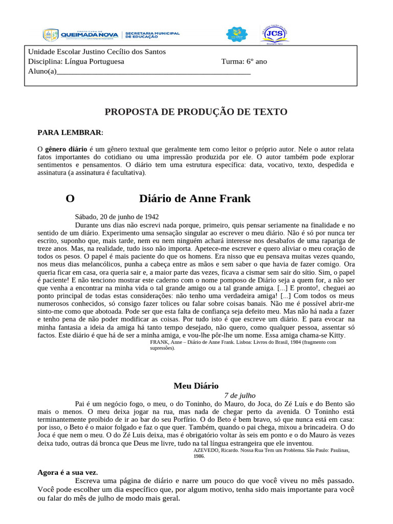 Produção de Texto: Diário Pessoal 6º Ano | PDF