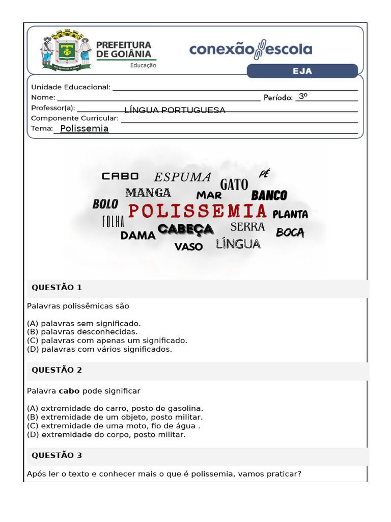 Atividades de Polissemia para 4º Ano | PDF | Educação para adultos