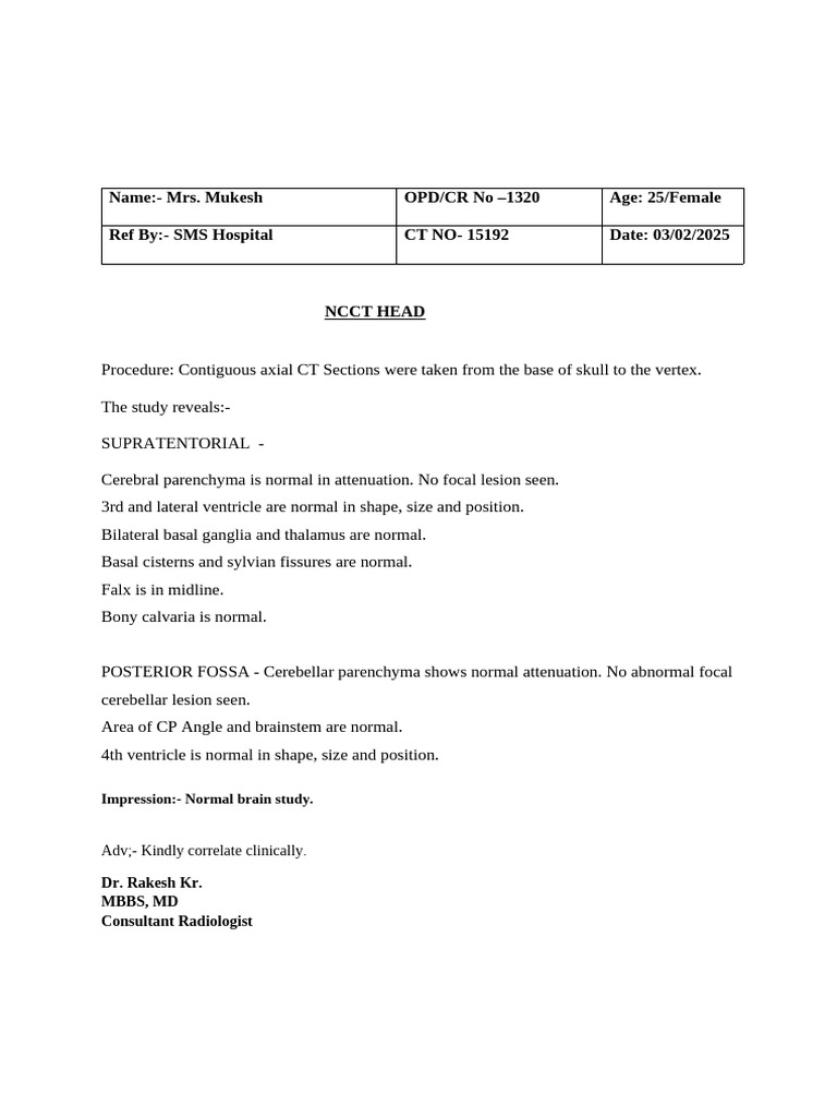 Normal Brain CT Scan Report for Mrs. Mukesh | PDF