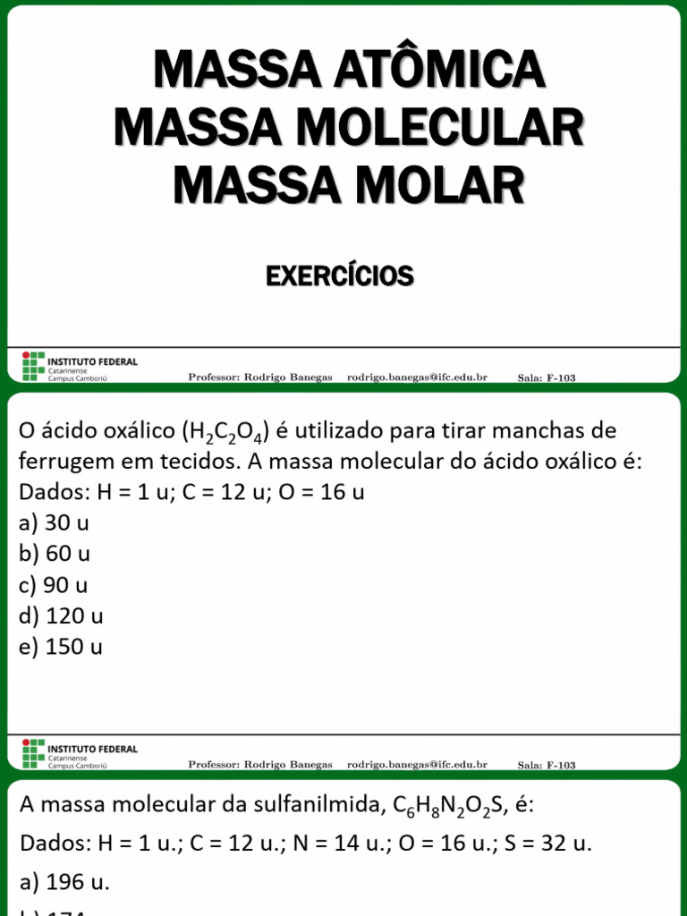 Cálculo de Massas Moleculares e Exercícios | PDF | Sal | Sal (Química)