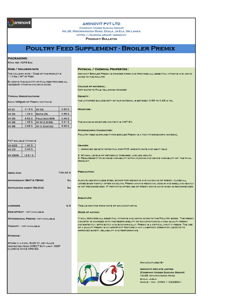 Literature For Broiler Premix | PDF | Vitamin | Dietary Supplements