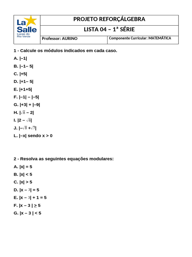 Exercícios de Módulos e Equações Matemáticas | PDF