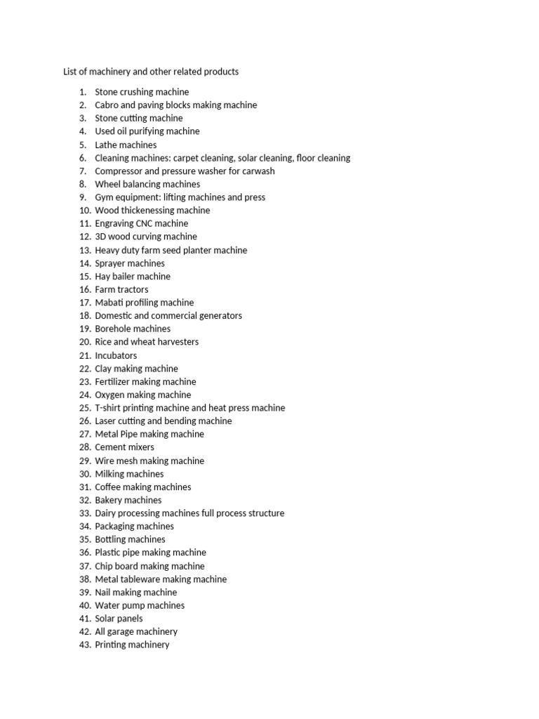 Comprehensive Machinery Product List | PDF | Machines | Secondary ...