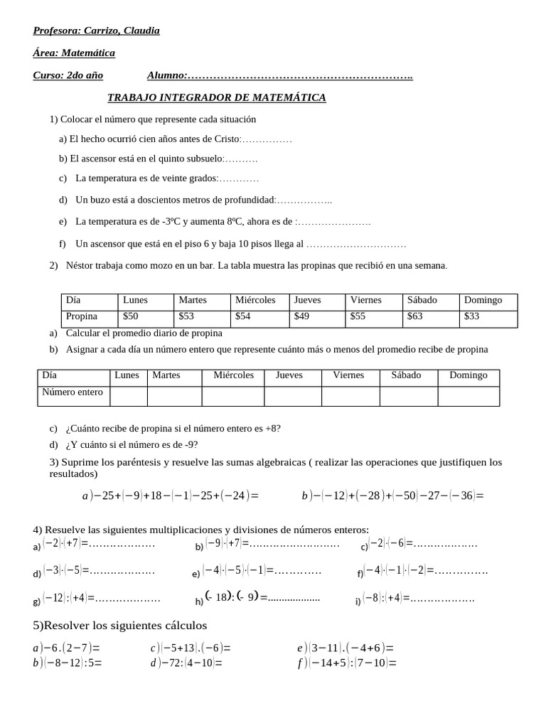 Ejercicios de Matemáticas para 2do Año | PDF | Entero | Matemáticas
