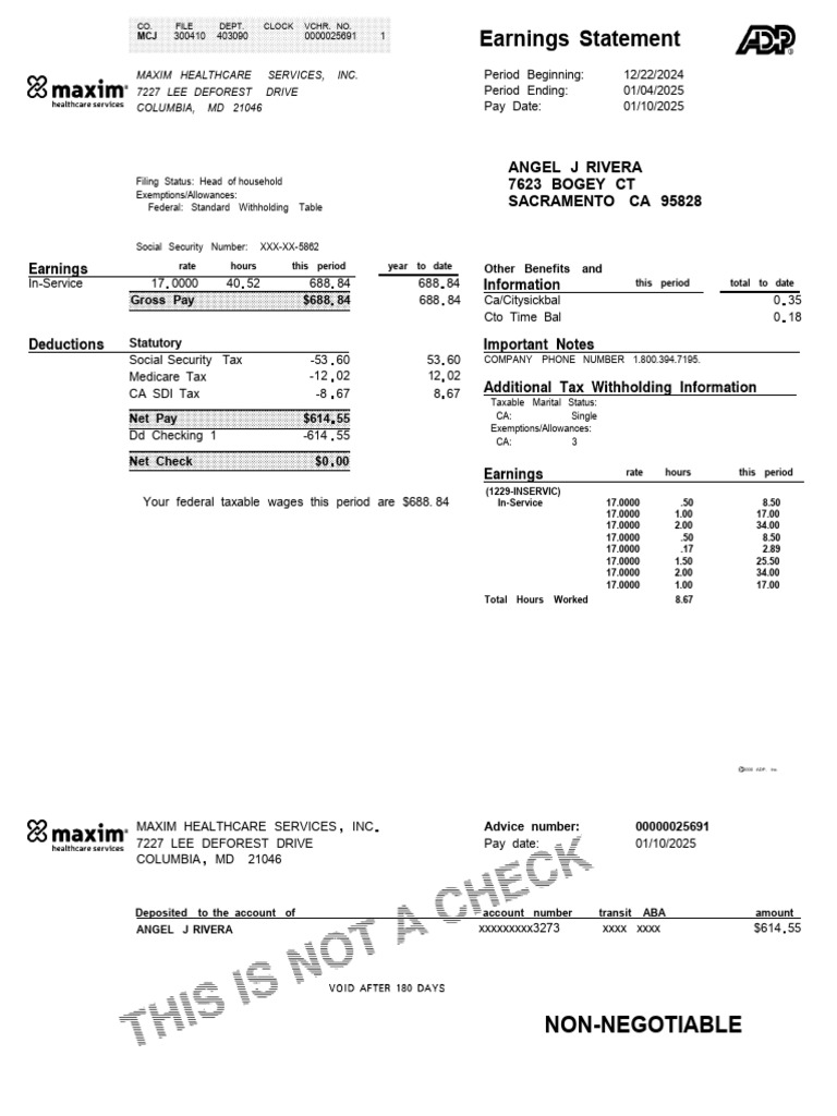 Maxim Healthcare Services Pay Statement | PDF | Social Security (United ...