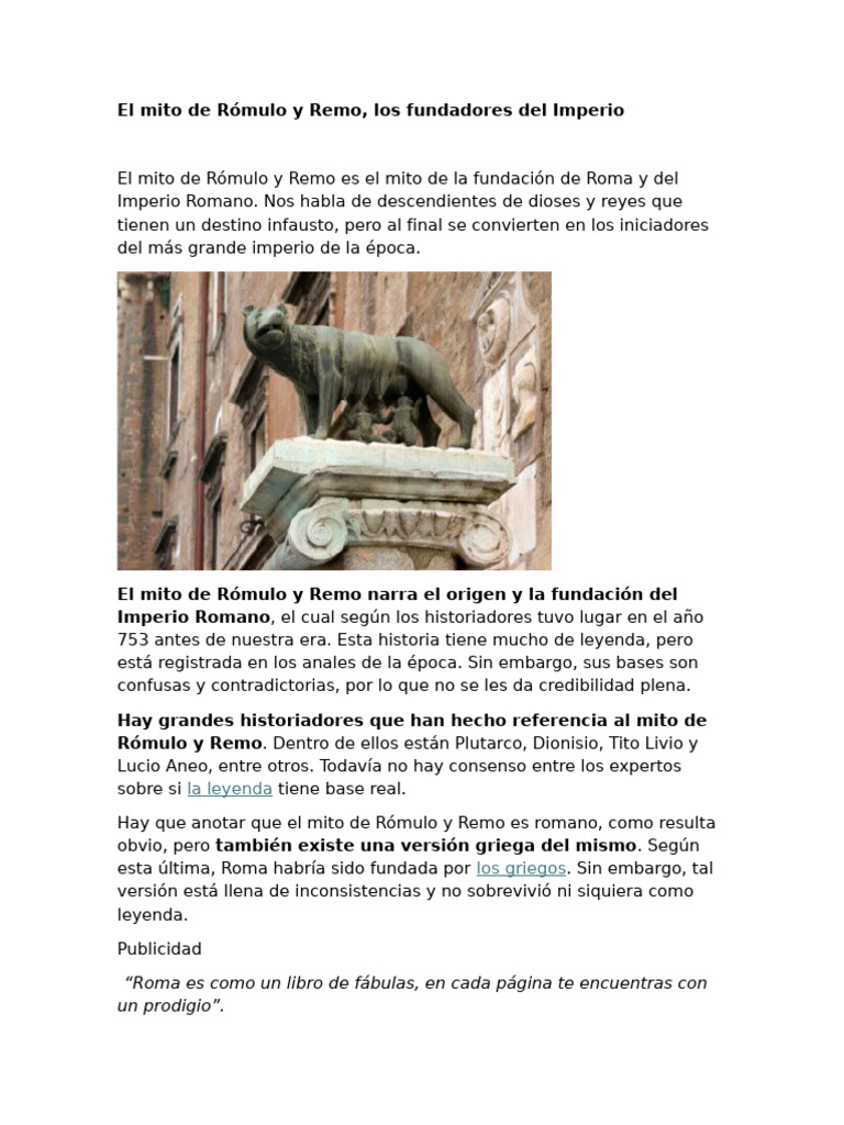 El Mito de Rómulo y Remo | PDF | Romulus y Remus | Mitología romana