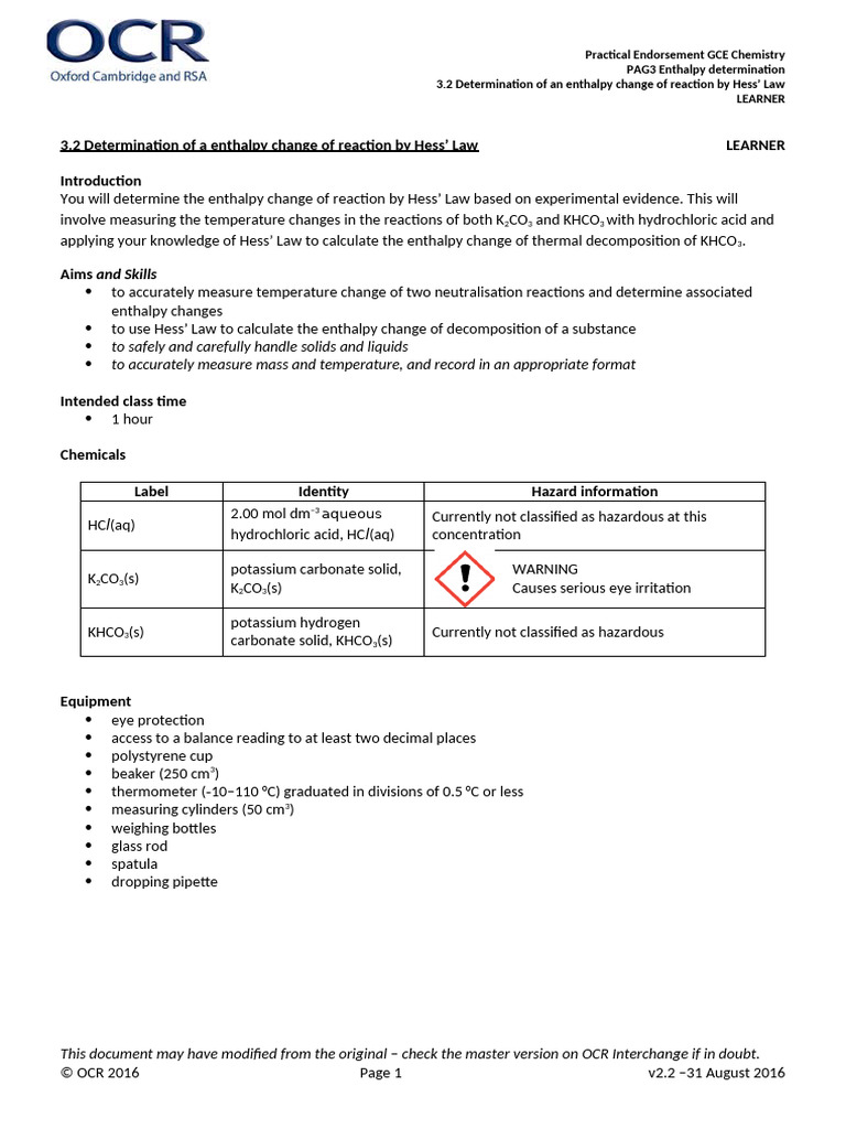 Hess' Law Enthalpy Change Experiment | PDF | Enthalpy | Chemical Reactions