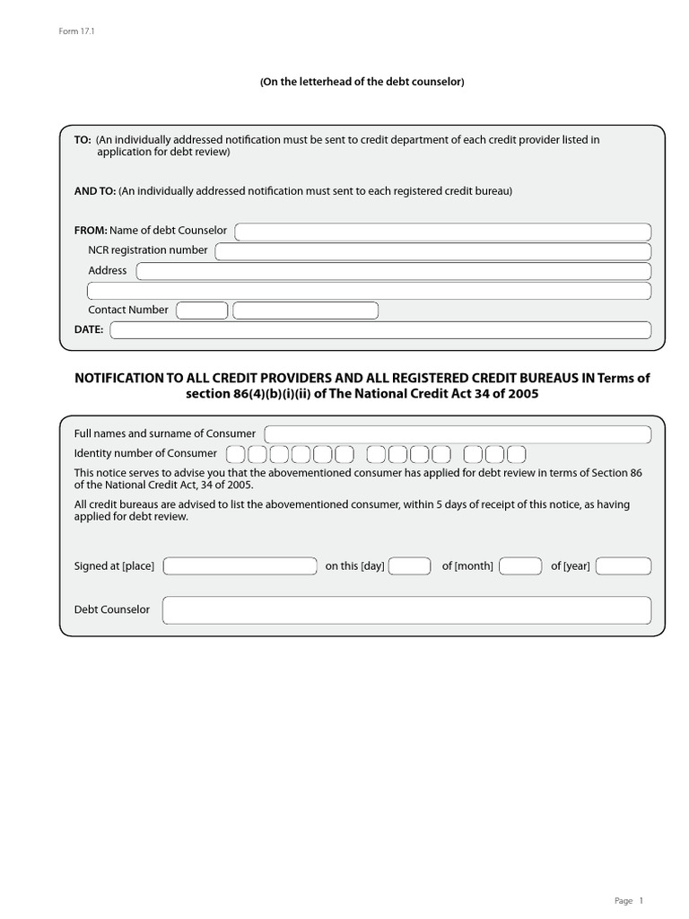Form 17.1 Debt Review Notification | PDF
