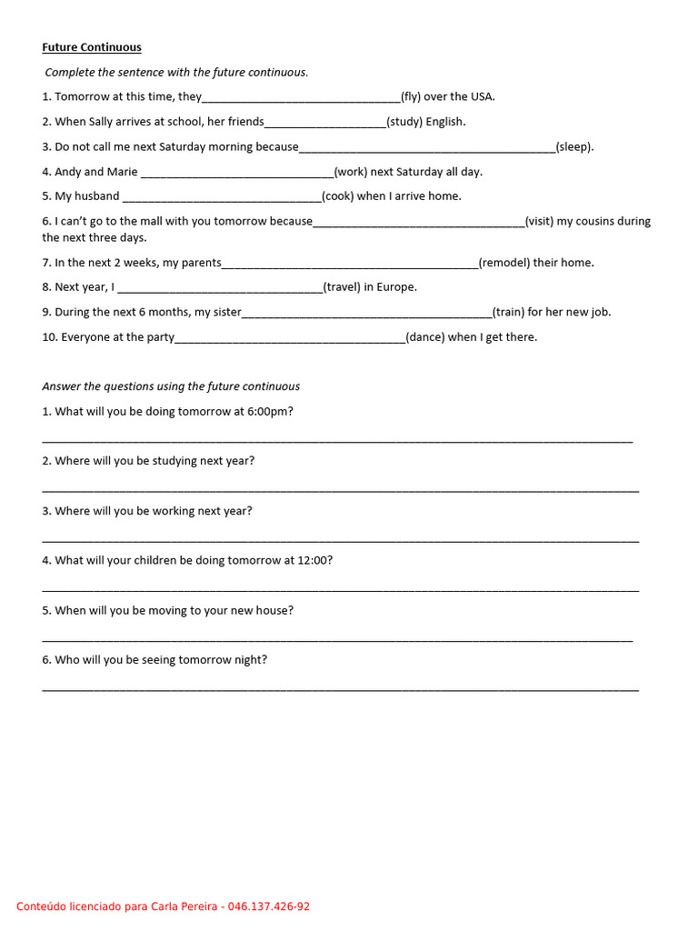 Future Continuous Tense Exercises | PDF