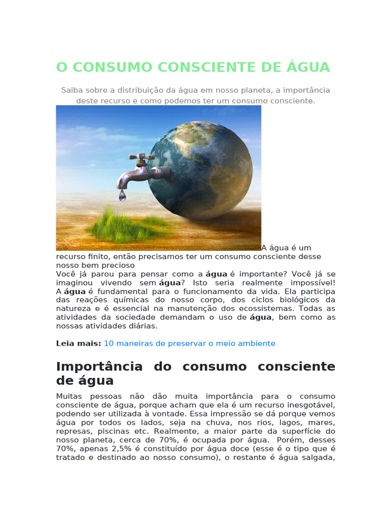 Consumo Consciente de Água: Dicas e Importância | PDF | Água | Água potável