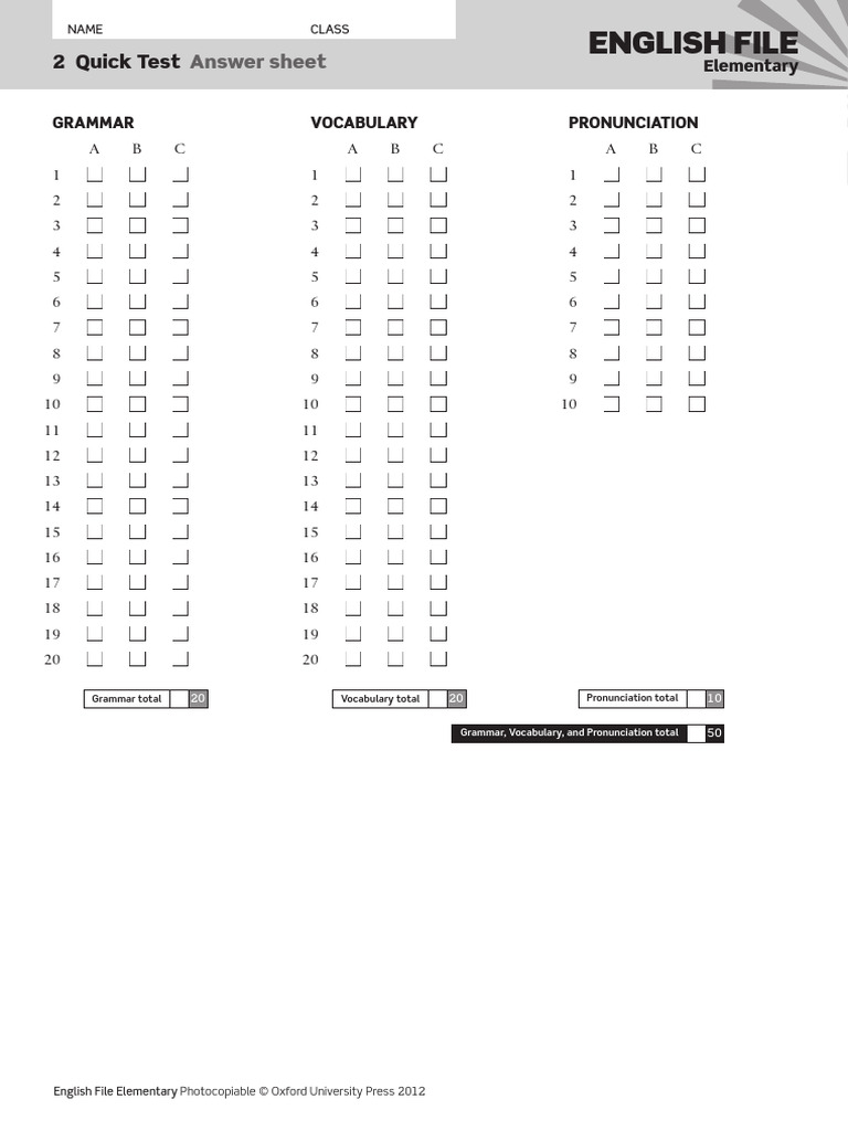 EF3e Elem Quicktest 02 Answer Sheet | PDF