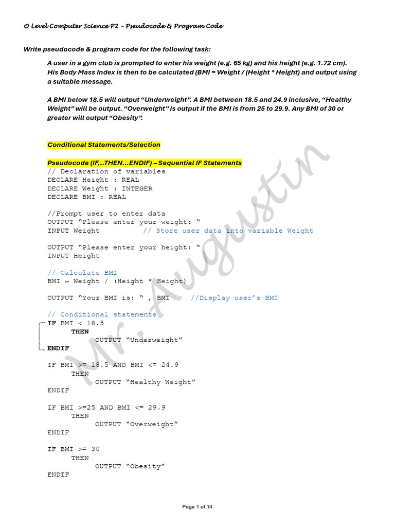 Pseudocode & Program Code Activities 2025 | PDF | Body Mass Index ...
