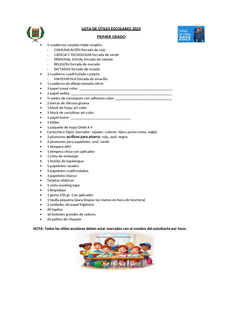 Lista de Útiles Escolares 2025 | PDF