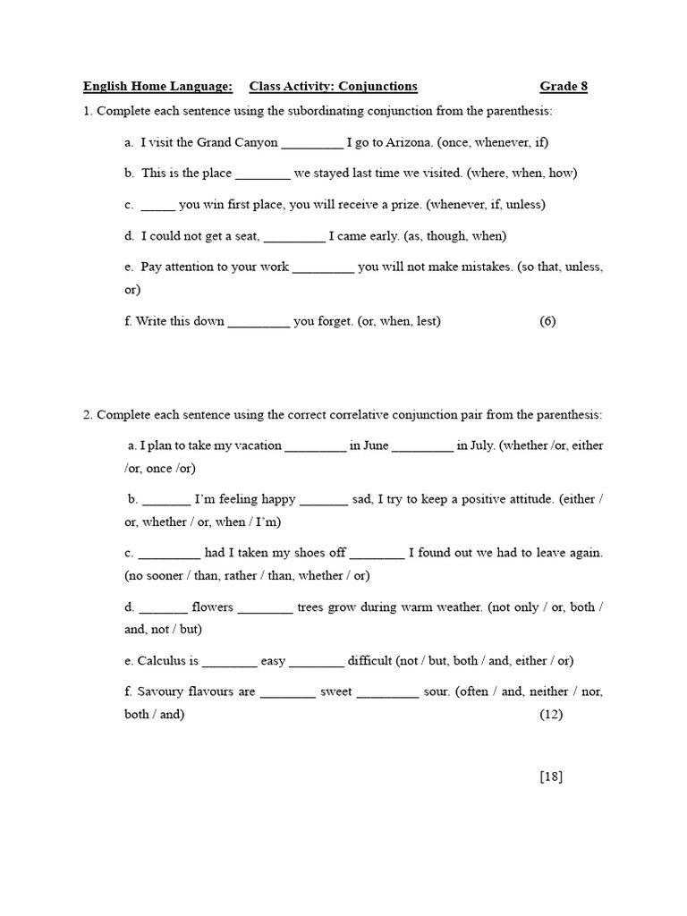 Grade 8 Conjunctions Activity Worksheet | PDF