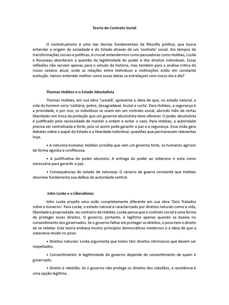 Teoria do Contrato Social na Filosofia | PDF | Contrato social | Jean ...